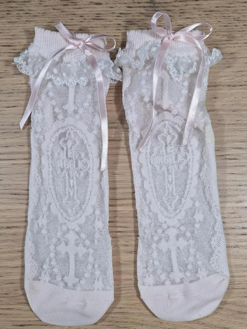 Angelic Pretty Pink Lace Ankle Socks Cross Motif Shimmer | Sweet Lolita